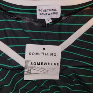 Something, Somewhere Striped V-Neck Long Sleeve Top - Black & Green - Size Large
